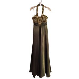 Sherri Hill Long Olive Green Gown Sz 6 Halter Neck Gold Rhinestone Embellished